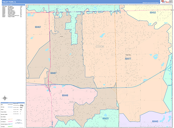 Tinley Park City Wall Map Color Cast Style